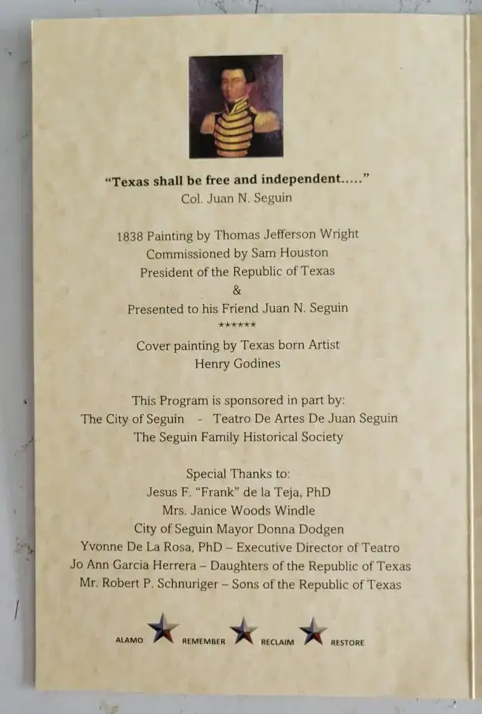 Program page with a portrait of Juan N. Seguin, his quote 'Texas shall be free and independent,' and sponsor thanks.