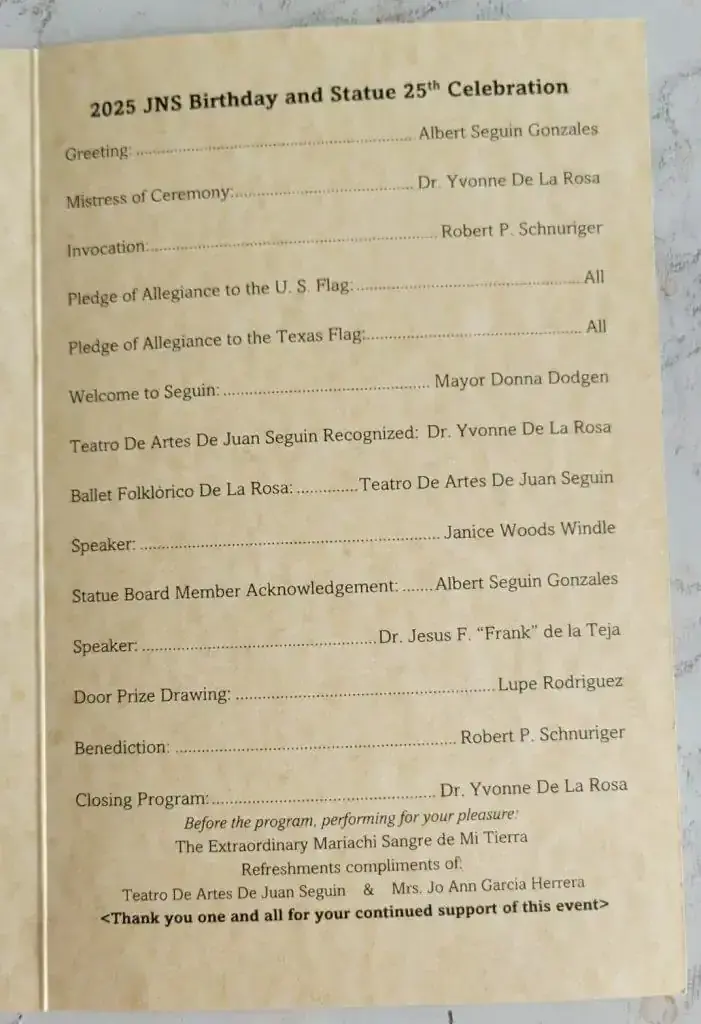 Program page listing the order of events for the 2025 JNS Birthday and Statue 25th Celebration in Seguin.