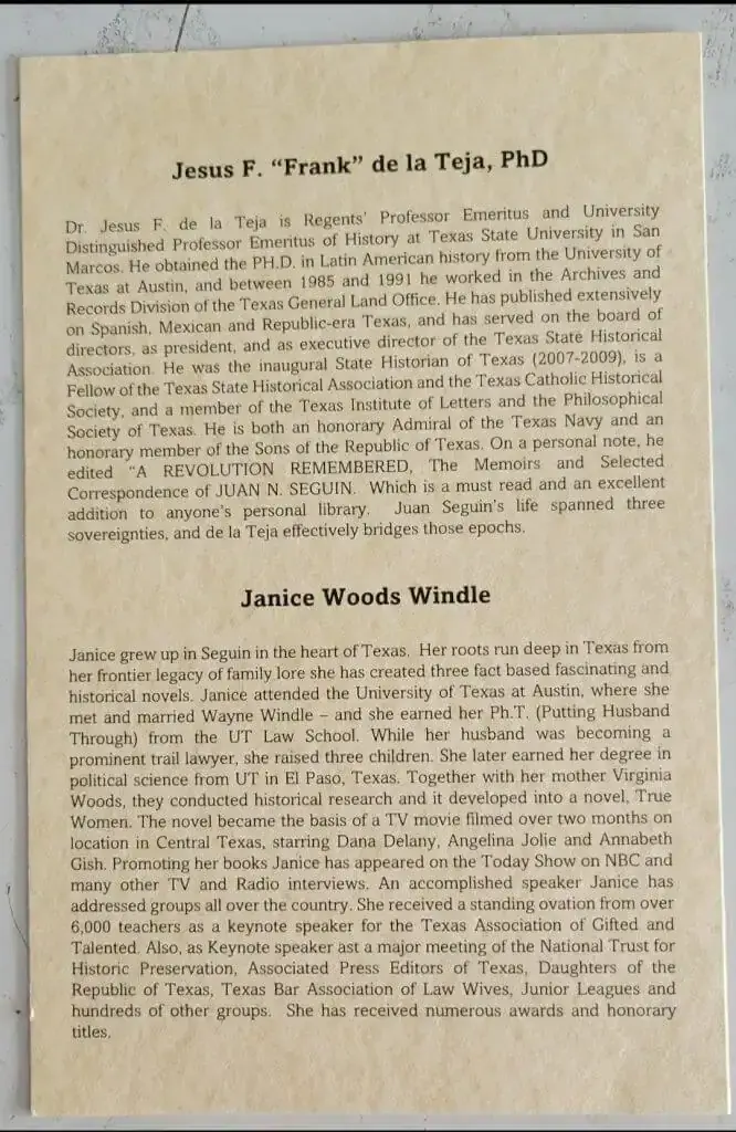 Program page with speaker biographies for Jesus F. 'Frank' de la Teja, PhD, and author Janice Woods Windle.