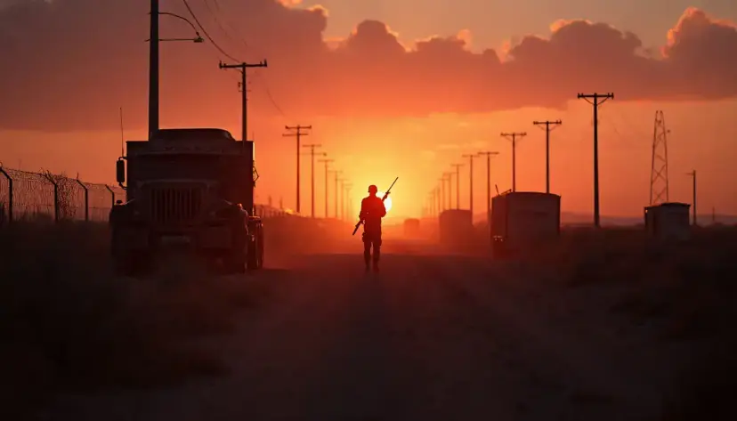 A soldier with a rifle silhouetted on a dirt road beside a military truck and power lines at sunset.