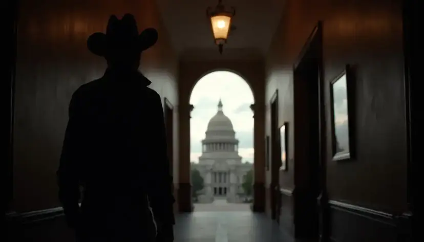Silhouette of a man in a cowboy hat in a dark hallway, looking through an archway toward the U.S. Capitol.