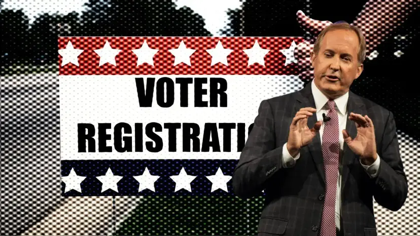 Texas Attorney General Ken Paxton speaking in front of a halftone graphic reading 'Voter Registration.'