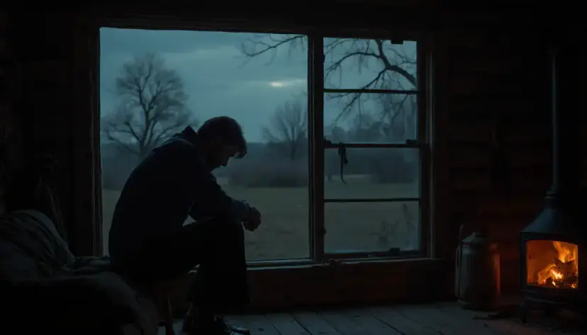 A man sitting hunched by a window in a dark cabin, with bare trees outside and a wood stove burning.