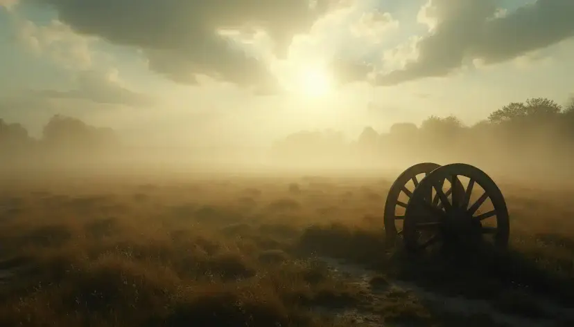 A pair of old wooden wheels standing in a misty, grassy field under a hazy sun.