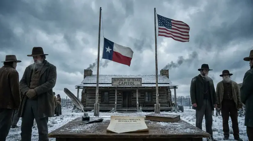 Frontiersmen in snow before a log cabin marked 'Republic of Texas Capitol,' with Texas and U.S. flags flying.