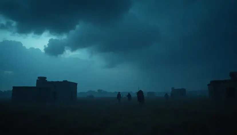 Silhouetted riders and soldiers crossing a dark plain toward stone buildings under stormy blue skies.