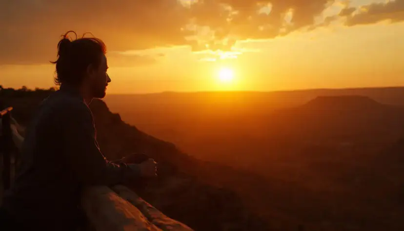 A man leaning on a railing at a canyon overlook, watching the sun set over distant mesas.