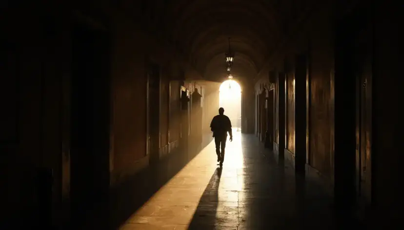 A lone man walking down a dark arched corridor toward a bright doorway at the far end.
