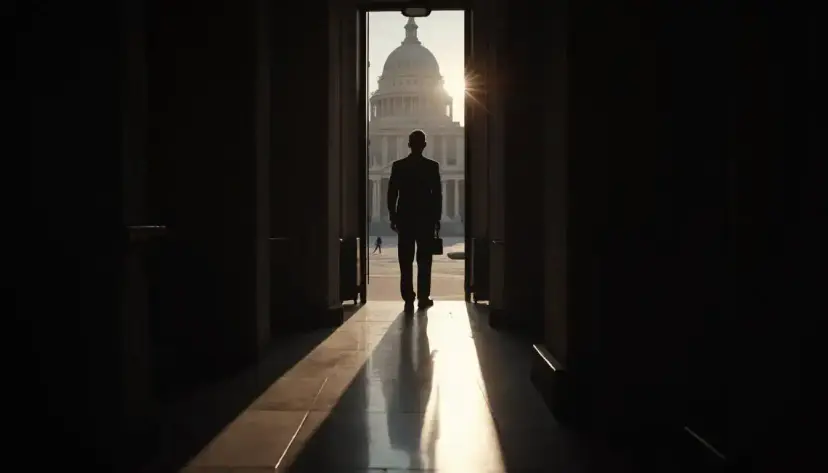 A man holding a briefcase silhouetted in a doorway, facing a domed capitol building in bright sunlight.