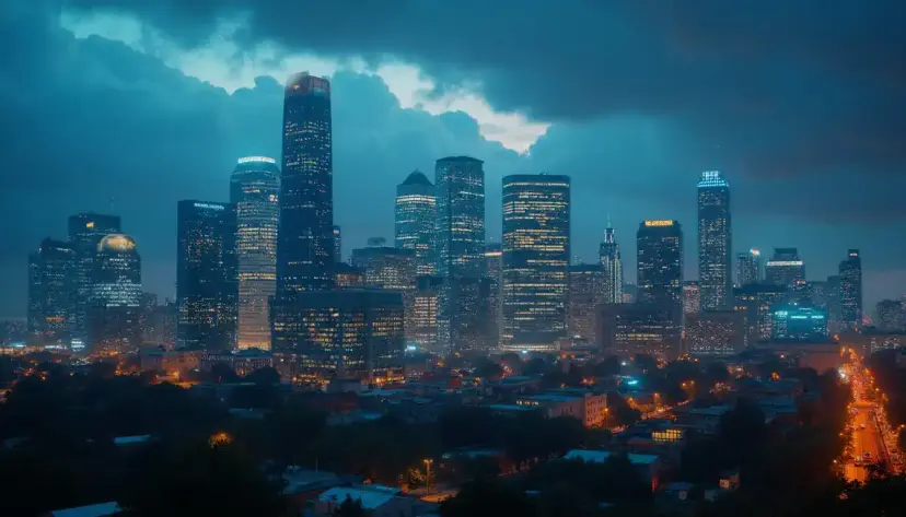 A downtown city skyline lit up at night beneath dark, stormy clouds.