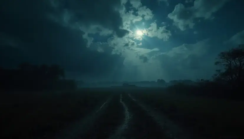 Moonlight breaks through dark clouds over a rutted dirt road crossing a misty field at night.