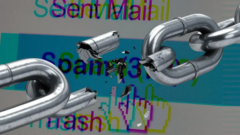 A metal chain breaking apart over a glitched email menu showing 'Sent Mail,' 'Spam,' and 'Trash.'