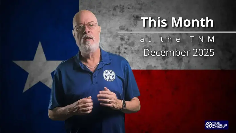 A bearded man in a TNM polo speaks before a Texas flag, titled 'This Month at the TNM, December 2025.'