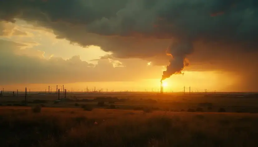 An oil gusher sends a dark plume into storm clouds above a flat prairie dotted with derricks at sunset.