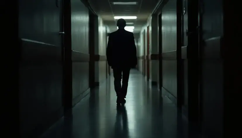 A man in a suit walking away down a dim institutional hallway lit by ceiling lights.