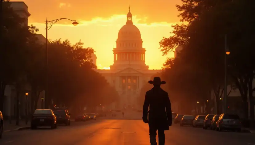 A man in a cowboy hat walking down a city street toward a domed capitol at sunset.