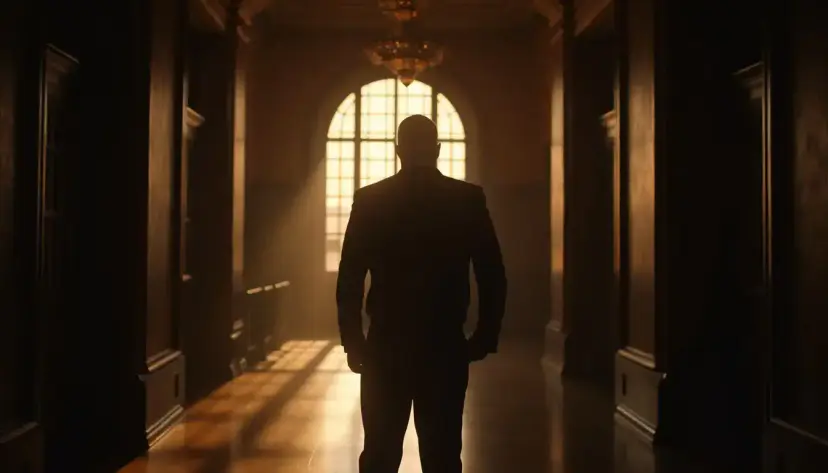 A man in a suit silhouetted in a long wood-paneled hallway, facing a bright arched window.