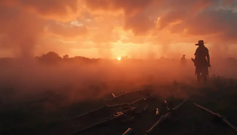 A silhouetted man in a wide-brimmed hat stands on a smoky field at sunset, with rifles lying on the ground.