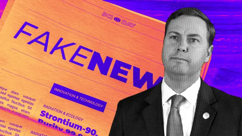 Trent Ashby in black and white halftone beside a newspaper headline reading 'Fake News' on orange and purple.