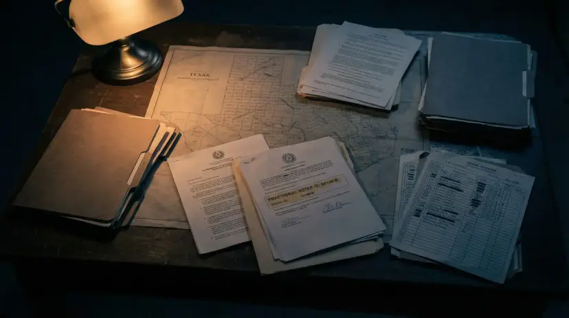 Election documents, file folders and a Texas map spread across a dark desk under a lit desk lamp.