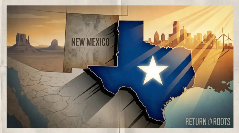 Illustrated map of Texas in blue with a white star beside New Mexico, with desert buttes and a city skyline.