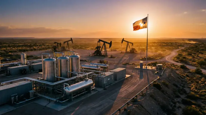 Steel processing tanks and piping beside pumpjacks in an oil field at sunset, with a single-star flag flying overhead.