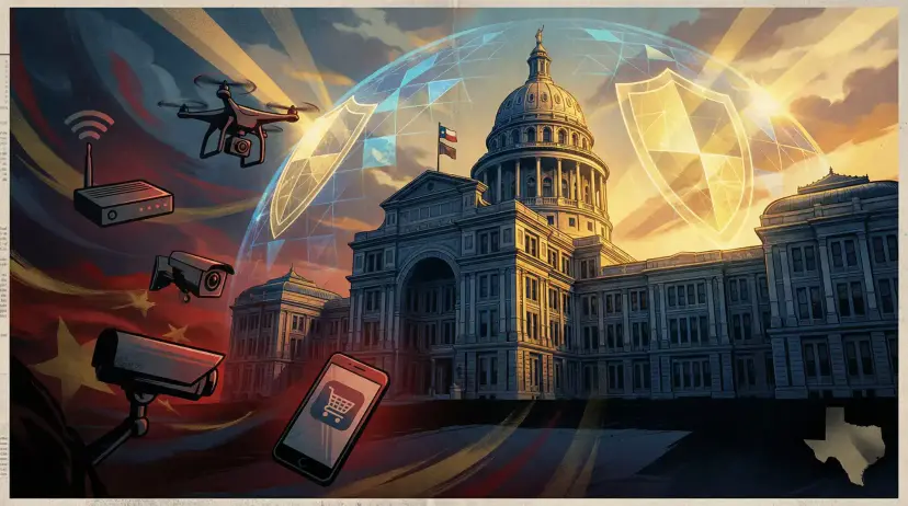 Illustration of the Texas Capitol under a protective dome with shields, surrounded by drones, cameras, a router and a phone.