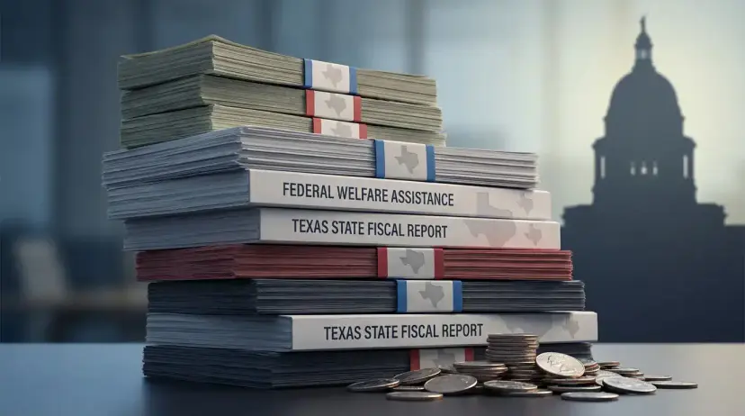 Stacks of cash and reports labeled 'Federal Welfare Assistance' and 'Texas State Fiscal Report' beside coins and a capitol silhouette.