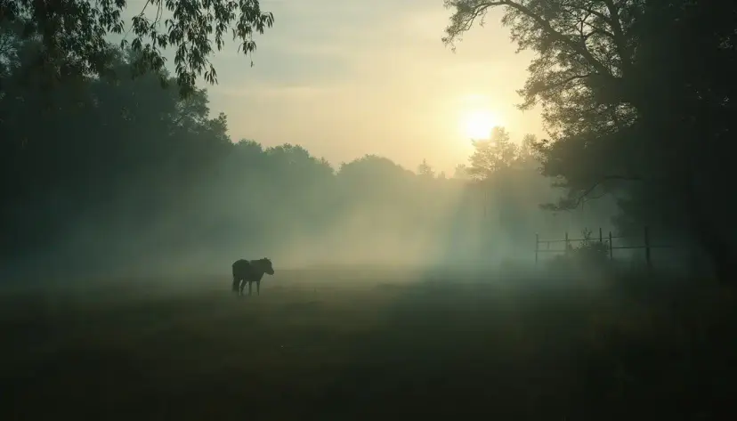 A lone horse standing in a misty pasture at sunrise, framed by trees and a wooden fence.