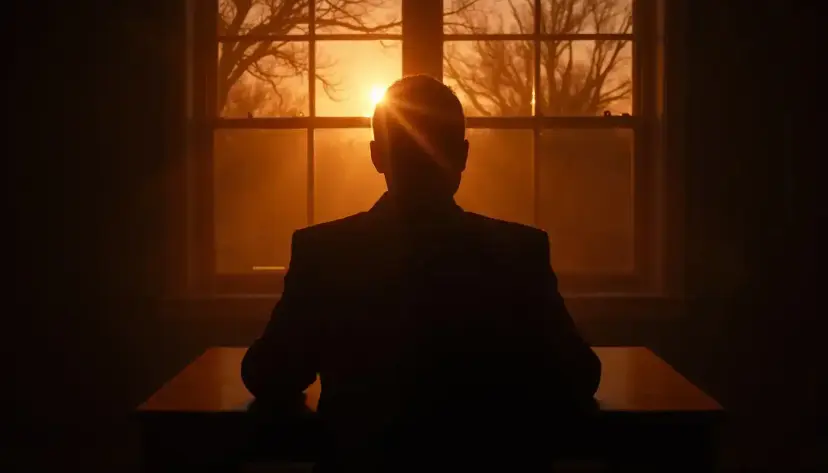 Silhouette of a man seated at a desk facing a window as the sun sets behind bare trees.