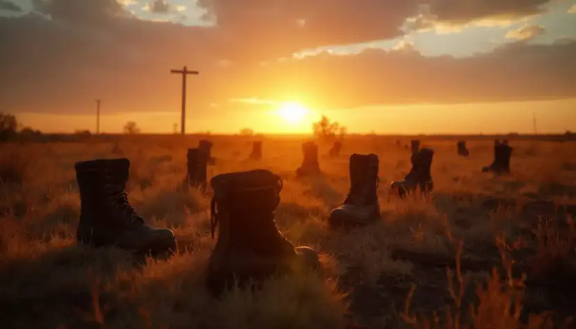Rows of empty boots standing in a dry field at sunset, with a utility pole on the horizon.