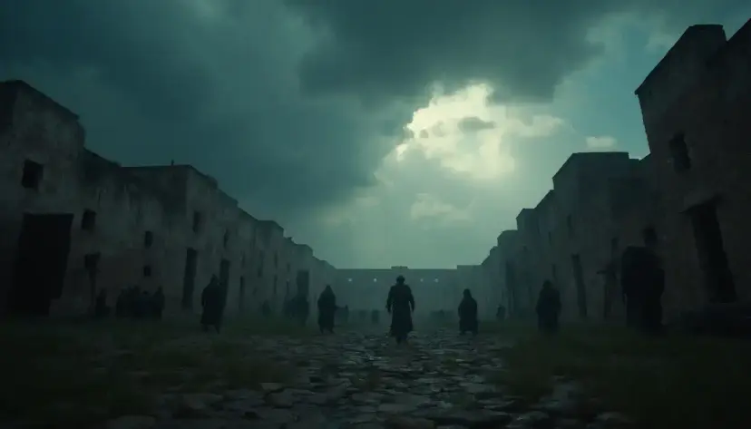 Shadowy figures walk down a stone path between crumbling adobe walls under a dark, stormy sky.