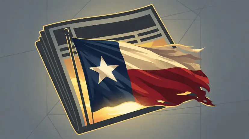 Illustration of a Texas flag waving in front of a stack of newspapers.