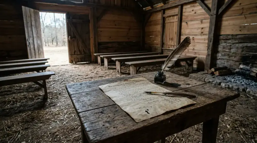 A quill in an inkwell beside a handwritten document on a rough table inside a wooden hall with benches.