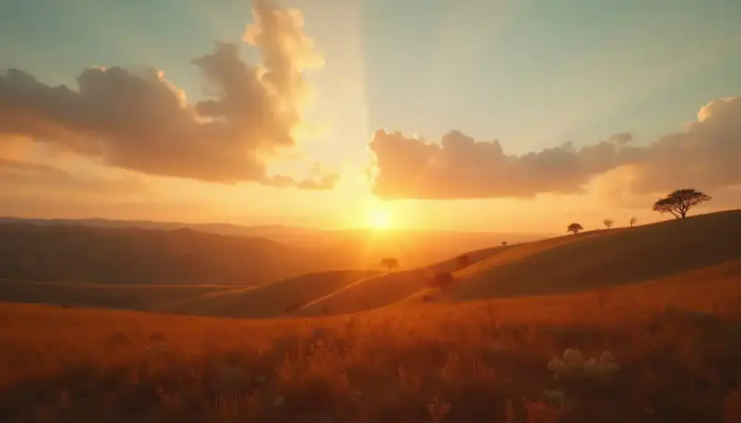 The sun sets over rolling grassy hills dotted with a few trees under glowing clouds.