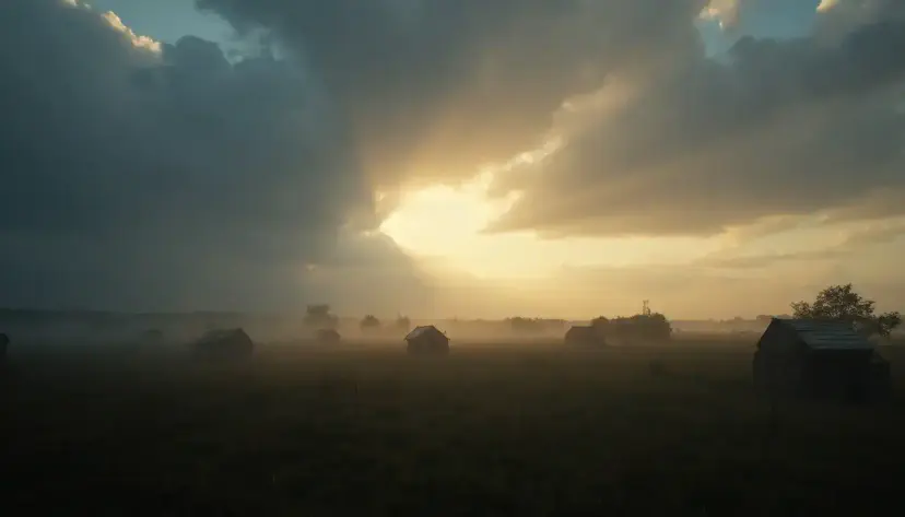 Small cabins scattered across a misty prairie as sunlight breaks through heavy storm clouds.
