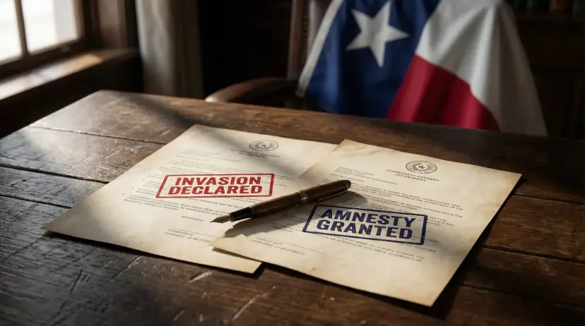 Two aged documents stamped Invasion Declared and Amnesty Granted on a wooden desk beside a pen and a Texas flag.