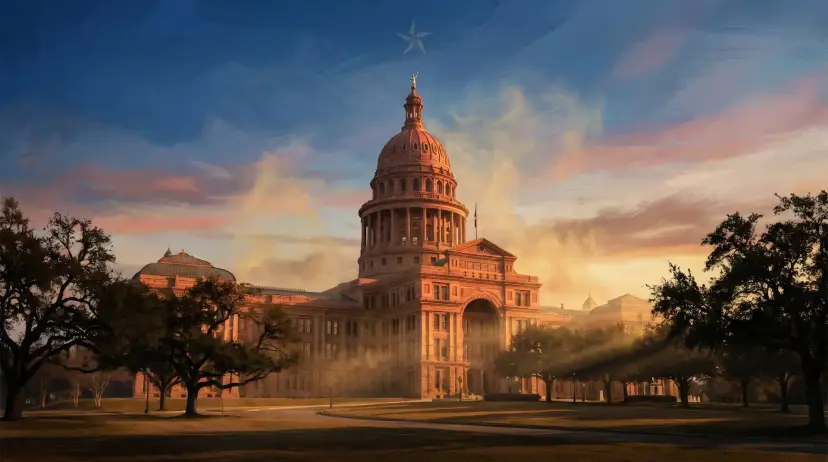 The Texas Capitol in Austin at sunset, with a faint white star in the blue sky above the dome.