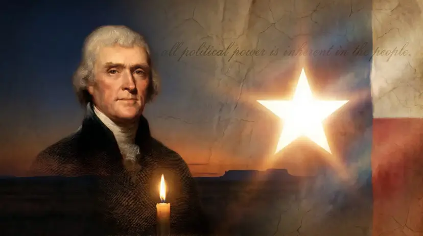 Thomas Jefferson's portrait beside a glowing star, with the words all political power is inherent in the people.