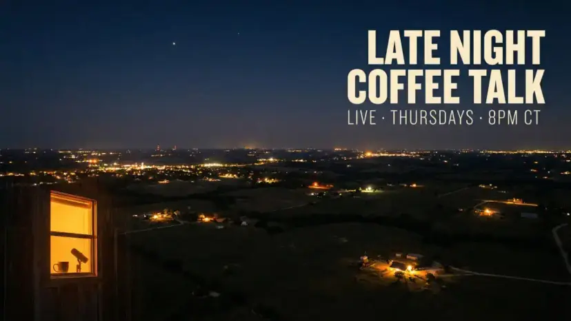 A glowing window with a coffee cup and telescope overlooking rural lights at night, titled 'Late Night Coffee Talk.'