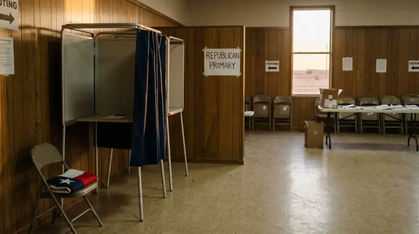 An empty polling room with a voting booth, a folded Texas flag on a chair, and a 'Republican Primary' sign.