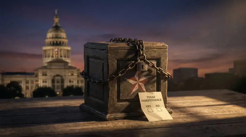 Chained, padlocked wooden ballot box with a Texas independence yes or no ballot, the Capitol behind it.