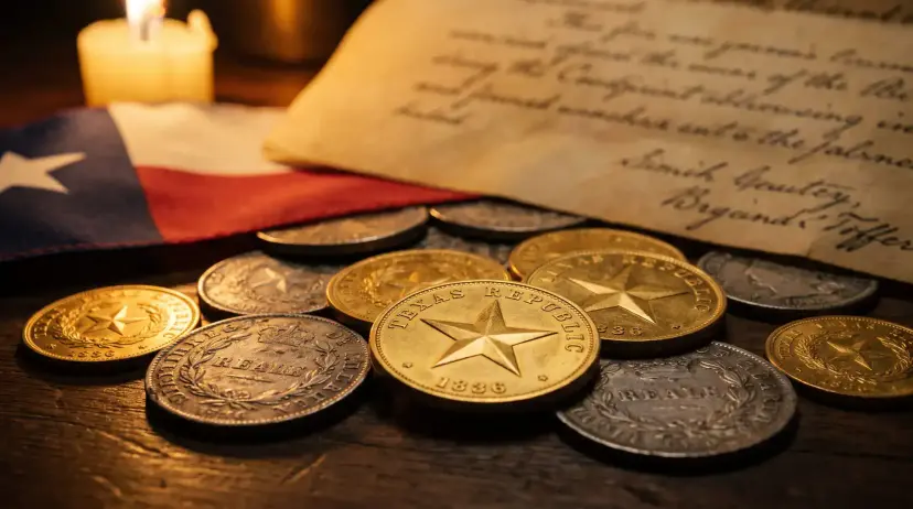 Gold and silver coins stamped 'Texas Republic 1836' beside a Texas flag, an old handwritten document, and a candle.
