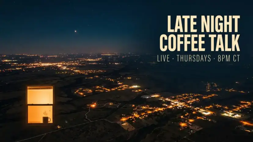 Graphic reading 'Late Night Coffee Talk, Live Thursdays 8PM CT' beside a lit window above distant town lights.