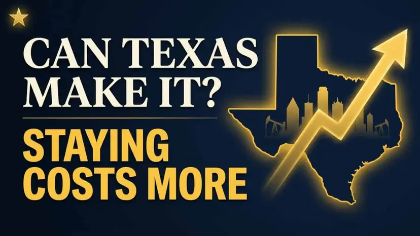 Graphic reading 'Can Texas Make It? Staying Costs More' beside a glowing Texas outline with a rising arrow.
