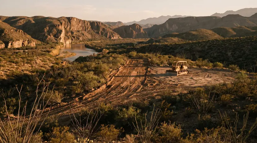 A freshly bulldozed construction scar and an idle dozer cut through the Big Bend desert beside the Rio Grande and canyon walls at golden hour