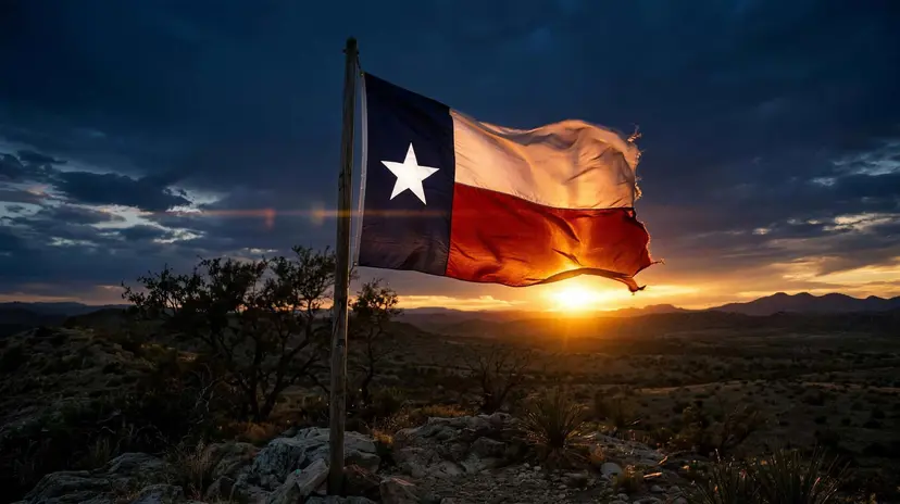 Texas flag flying on a rocky hilltop as the sun sets over desert hills.