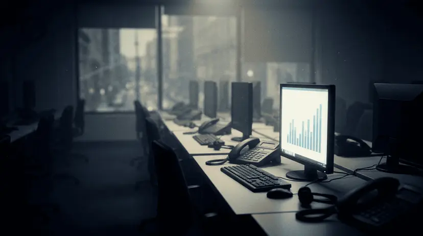 A dim, empty political polling call center at night, one monitor glowing with a bar chart