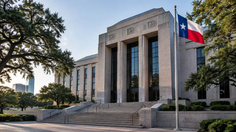 A granite courthouse with a Texas flag flying in front on a clear morning.