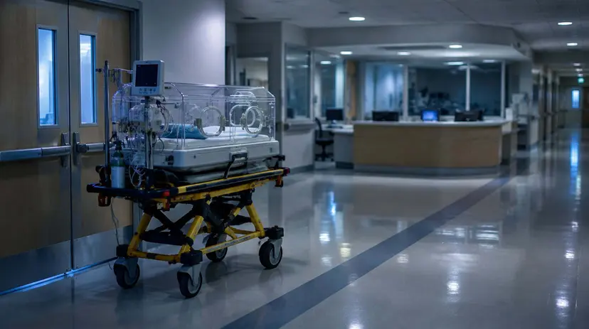 A neonatal transport incubator parked in a quiet hospital corridor at night.